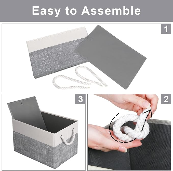 Fab totes Storage Bins [3-Pack], Foldable Storage Baskets for Organizing Toys, Books, Shelves, Closet, Large Storage Box with Rope Handles, Sturdy Organizer Bins, White & Grey