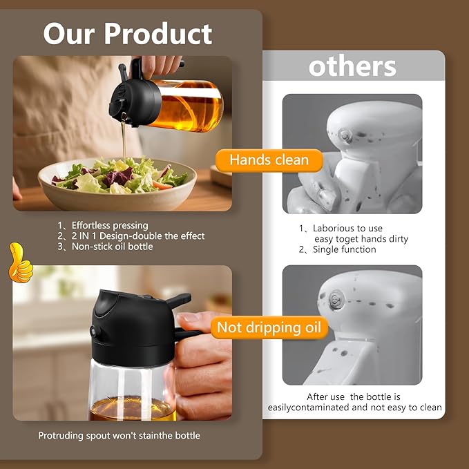 Olive Oil Sprayer for Cooking, 470ml 2 In 1 Glass Oil Dispenser/Pour Bottle, Kitchen Accessories, Kitchen Gadgets for Air Fryer, Salad, BBQ (Black)