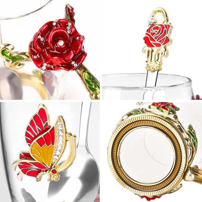 OEAGO Gifts for Women Mom Mothers Tea Cup Best Birthday Butterfly Rose Gifts for Her from Daughter Son Glass Coffee Christmas Enamels Mug Lead-Free with Spoon Set