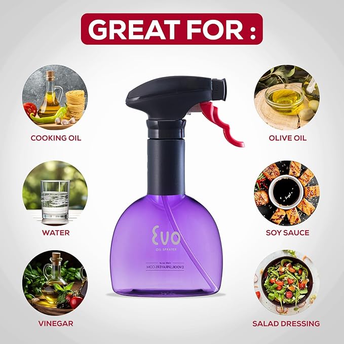 Evo Oil Sprayer Minis, Non-Aerosol for Olive, Cooking Oils, and Vinegars, Purple, 8-Ounce Capacity, Set of 2