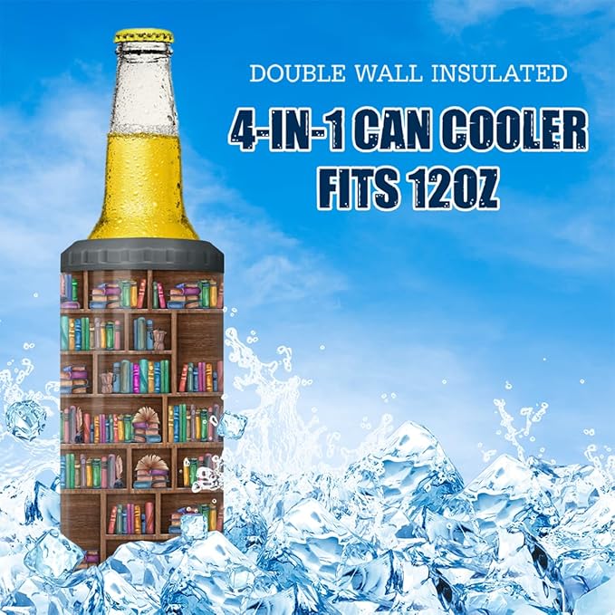 SANDJEST Book Lovers Tumbler Bookshelf 4 in 1 12oz Tumbler Can Cooler Coozie Skinny Stainless Steel Tumbler Gift for Librarian Book Lover Women Readers Bookworm Christmas Holiday Birthday