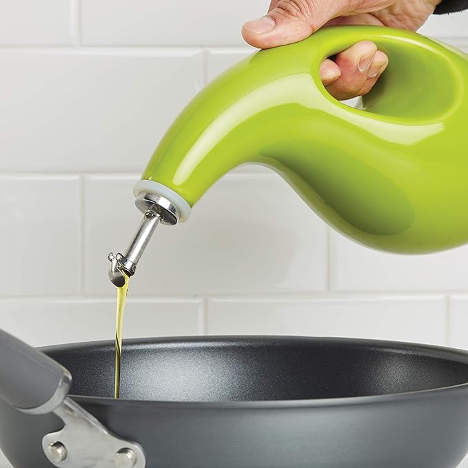Rachael Ray Solid Glaze Ceramics EVOO Olive Oil Bottle Dispenser with Spout - 24 Ounce, Green