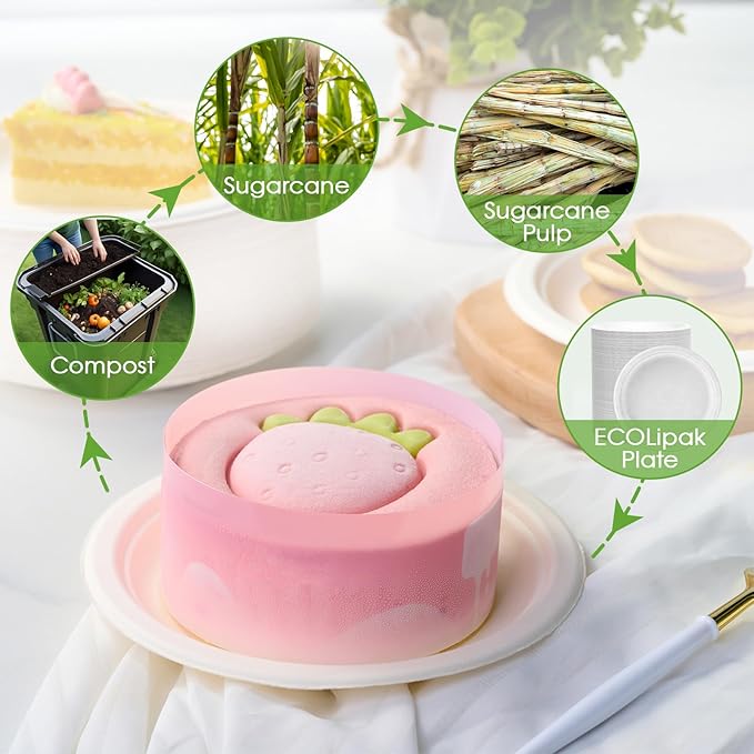 ECOLipak 6 Inch Disposable Compostable Small Paper Plates, 200 Pack Recycled Sugarcane Bagasse Biodegradable Heavy Duty Mini Dinner Appetizer Cake Dessert Plates for Party(White)
