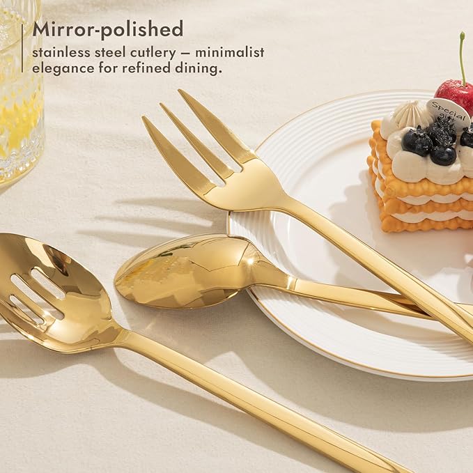 KINGSTONE Large Hostess Gold Serving Utensils Set, Heavy Duty 18/10 Stainless Steel - 10 inch Serving Spoons, Slotted Spoons, Forks, Tongs, Cake Pie Server for Buffet, Wedding, Party