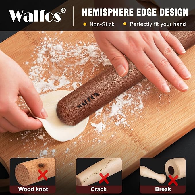 Walfos French Rolling Pin Set - Natural Wooden Rolling Pins (8inch, 15.7inch), Baking Dough Roller for Pizza, Pie, Pasta, Bread, Pastry, No Coating