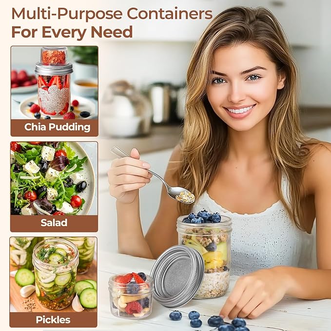 ComSaf Overnight Oats Containers with Lids (16OZ+4OZ, 2PCS) On-The-Go Dual-Laryer Yogurt Parfait Cups with Dry and Wet Separation Mason Jars for Chia Pudding Cereal Nut Fruit Meal Prep Salad