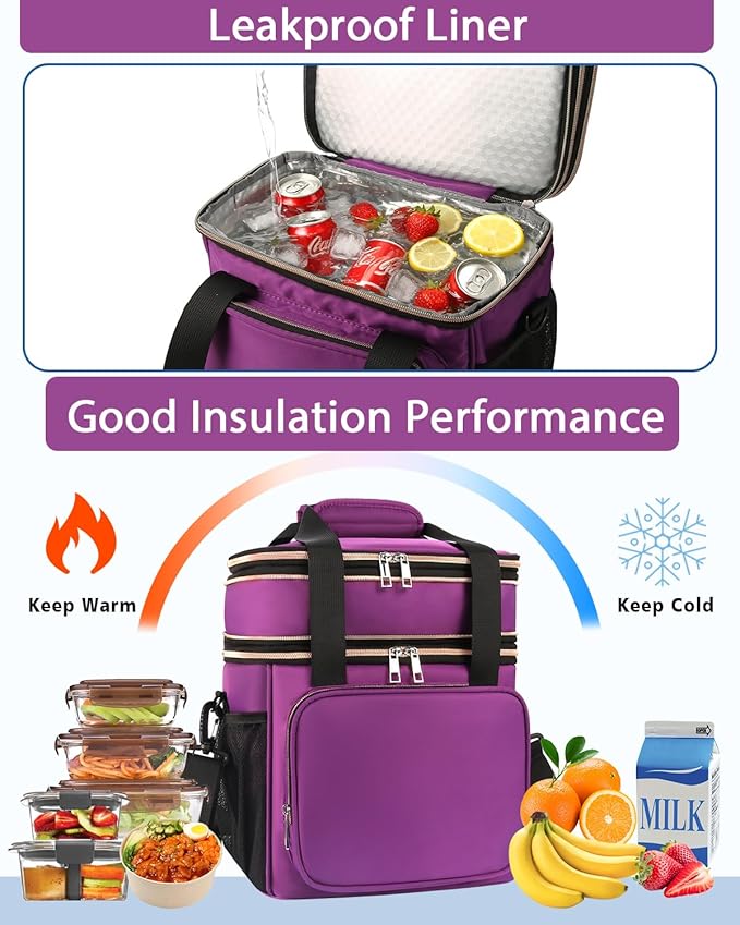 GLENKEY Expandable Insulated Lunch Box, Double Deck Lightweight Large Lunch Bag Tote Leakproof Cooler Bags for Women Adults Work Outdoor Picnic Daytrip, Purple, 16L