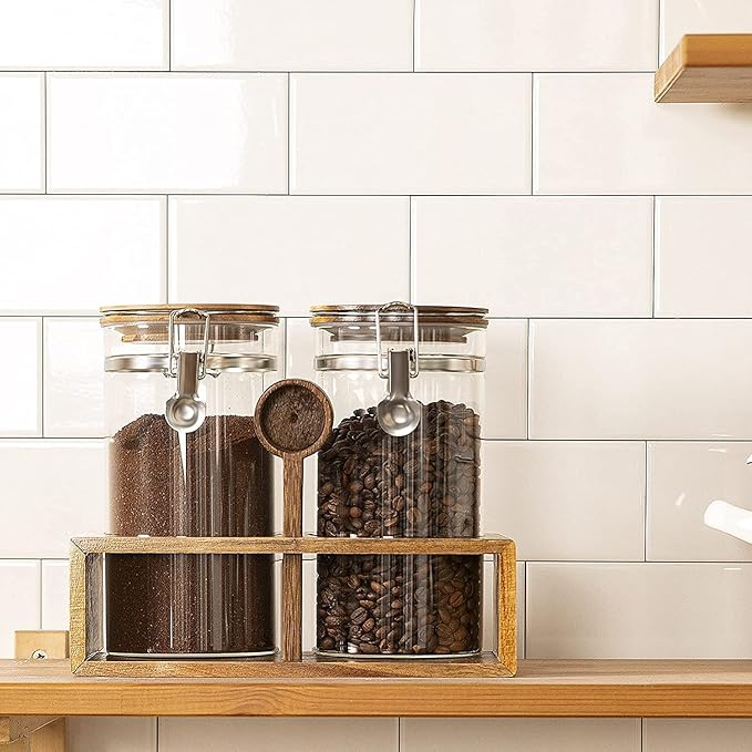 Yangbaga Glass Coffee Container with Wooden Shelf,2×45OZ Coffee and Sugar Container Set,Coffee Canisters with Airtight Lids and Scoop,Large Capacity Food Storage Jars for Coffee Beans,Nuts,Tea,Sugar