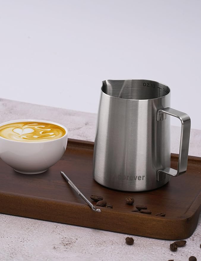Milk Frothing Pitcher, 32oz Stainless Steel Milk Frother Cup Steaming Pitcher, Cappuccino Espresso Accessories Coffee Bar Barista Tools, Metal Steamer Cup Milk Jug with Latte Art Pen, Matte Steel