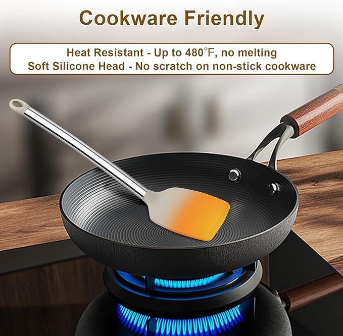 8 Pieces Kitchen Utensils Set, Vayvnt Silicone Cooking Utensils Set for Non-Stick Cookware, Stainless Steel Handle, Heat Resistant Kitchen Gadgets Includes Large Spatula Tongs, Dishwasher Safe, Khaki