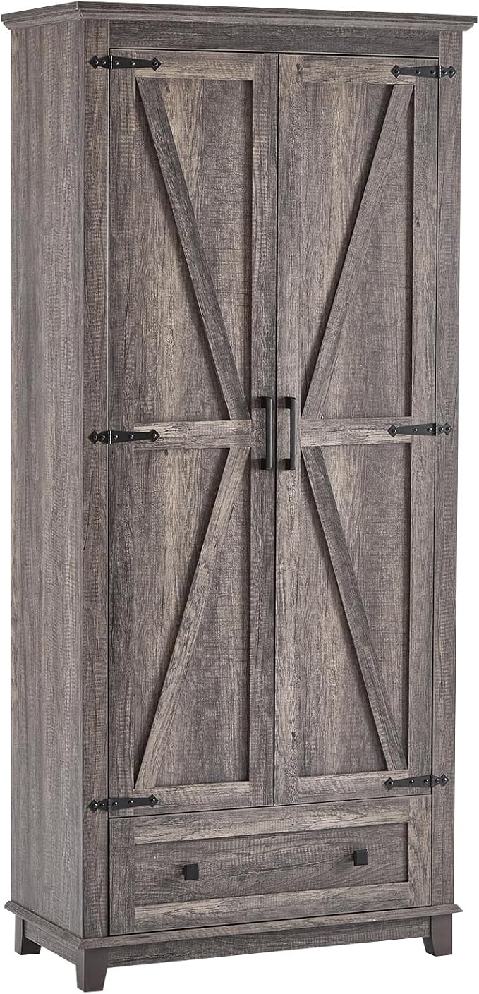 AMERLIFE 72" Tall Kitchen Pantry Storage Cabinet, Farmhouse Food Pantry Cabinet for Kitchen, Living Room, Dining Room, Adjustable Shelves and Drawer, Rustic Grey