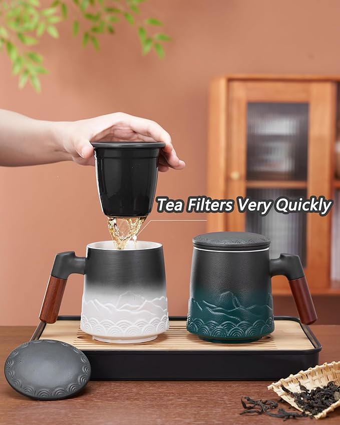 ZENS Tea Mug with Infuser and Lid for Loose Leaf Tea Steeper, 16.9oz Embossed Ceramic Tea Cup with Fine Tea Strainers, Wood Handle Large Diffusers Mugs for Tea Lovers Gifts