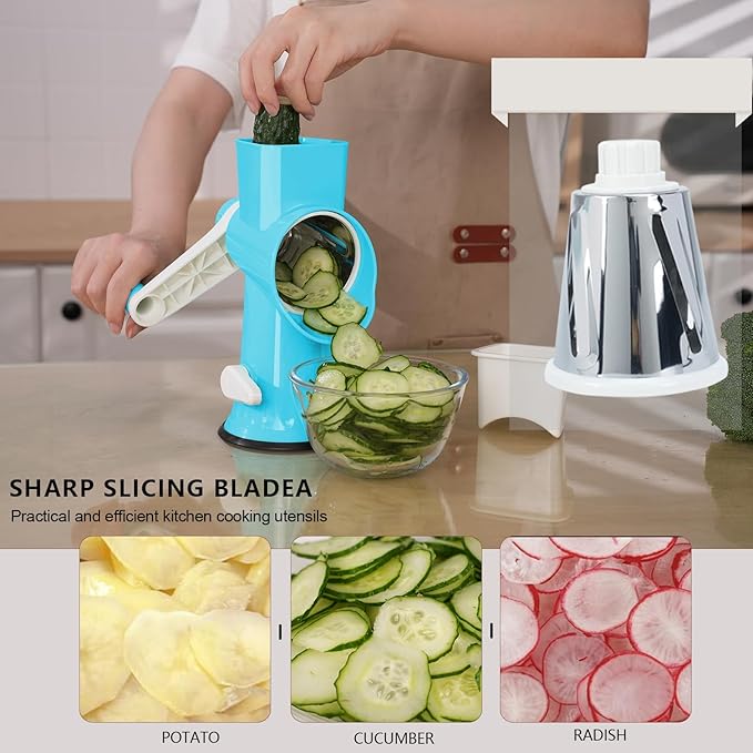 Rotary Cheese Grater with Handle-Versatile Cheese Grater Non-Slip Suction Base,Cheese Shredder & Food Slicer for Cheese,Carrots, Cucumbers,Nuts-Compact & Easy Clean Kitchen Kitchen Tool (dark blue)