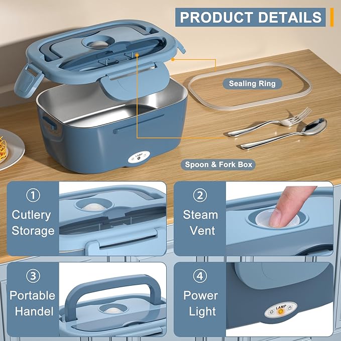 Monteka Electric Lunch Box Food Heater - Leakproof Portable Food Warmer heated lunch box for adults for Car/Home/Truck with 1.5L Removable Stainless Steel Container, 12V/24V/110V, Blue