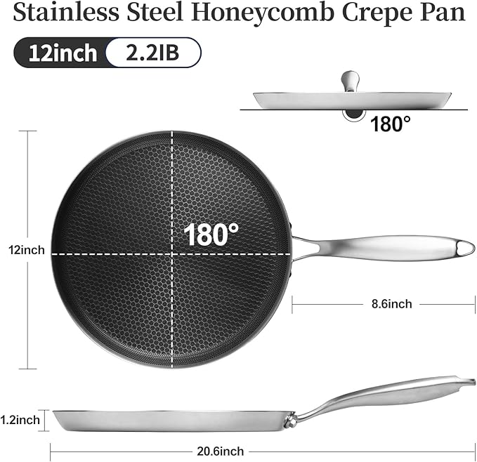 Innerwell Stainless Steel Crepe Pan - 12 Inch Nonstick Crepe Pan, Stainless Steel Honeycomb Coating Pancake Pan, Non Stick Flat Skillet Tawa Dosa Tortilla Griddle Pan, Induction Compatible, PFOA Free