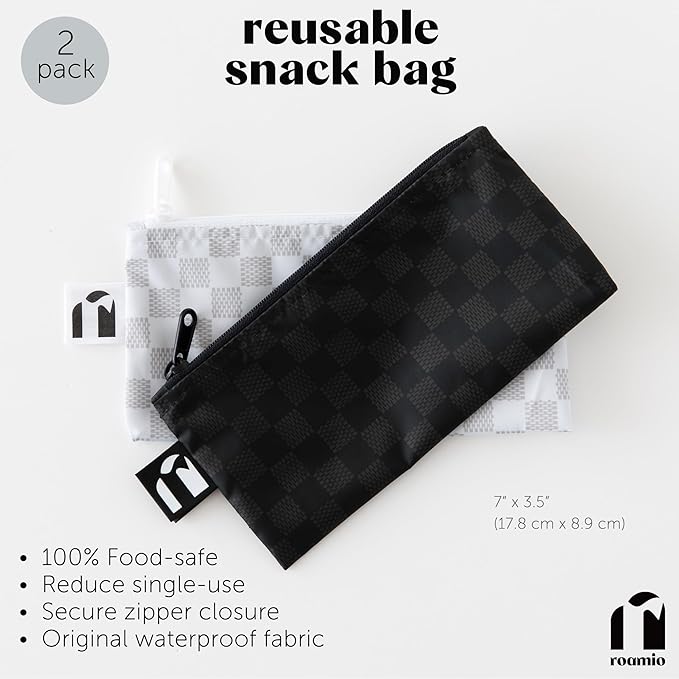 Roamio Reusable Snack Bags, for Kids School Lunch and for Adults Portion, Washable Fabric, Waterproof Cloth Zip Bag, Supplies Pack Travel Pouch, Food-Safe Storage, 2-pk Black Check and Off White