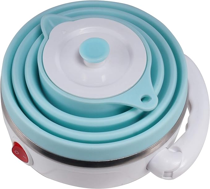 Travel Foldable Electric Kettle, Collapsible Electric Kettle Food Grade Silicone Small Pot Boiling water,Dual Voltage（600ml,110-220V US Plug） (Blue)