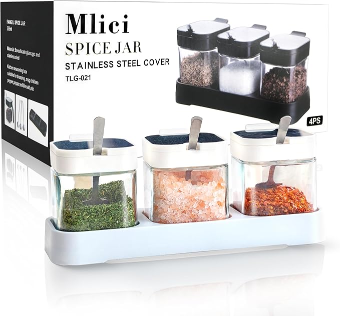 Mlici 8.6 oz Condiments Container Seasoning Jars, Kitchen Spicy Jars with Lids and Spoons, Tea Coffee Sugar Canisters Glass Spice Box, Set of 3, Containers, White