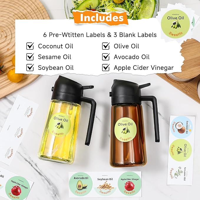 Oil Sprayer for Cooking,470ml Cooking Olive Oil Sprayer and Oil Dispenser 2 In 1, Food-grade Glass Oil Spray Bottle Mister for Air Fryer, BBQ, Griddle (Black+dark brown glass and color label)