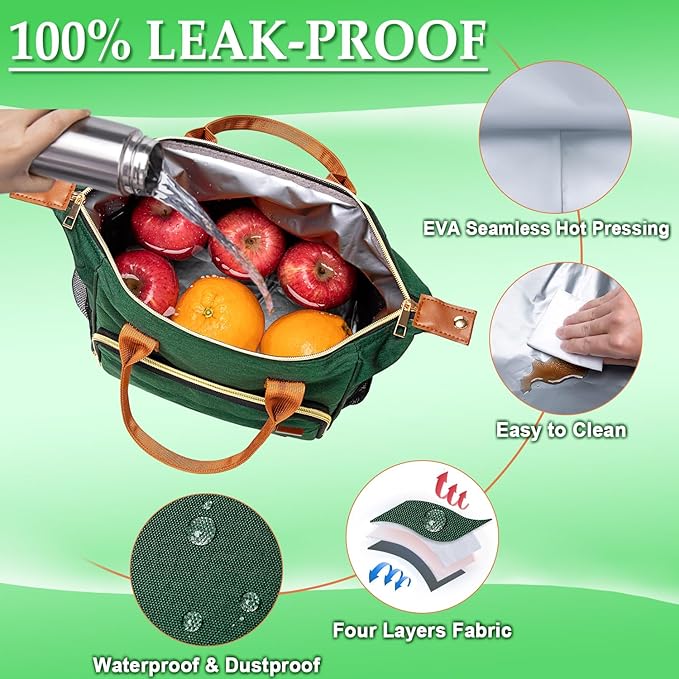 TuErCao Insulated Lunch Bag Adult Lunch Box for Women for Work Leakproof Soft Cooler for Beach Travel Picnic, Dark Green
