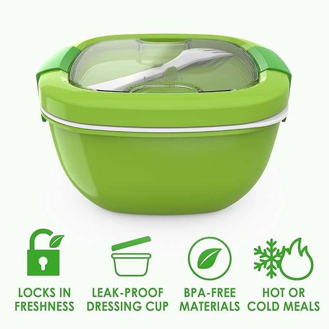 Bentgo Salad Container - 54 oz Bowl with 4-Compartment Toppings Tray, Leak-Proof Dressing Container, Reusable Fork, BPA-Free Lunch Box for Meal Prep & Food Storage; Removable Bento Tray (Green)