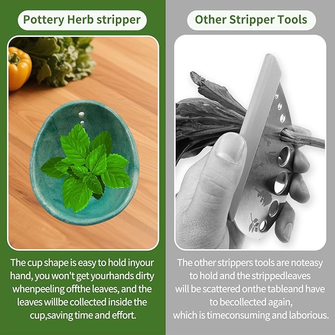Herb Stripper, 4-Hole Design Pottery Herb Stripper,Handmade Ceramic Herb Stripper Bowl for Removing Leaves and Stems in the Kitchen (Celadon Glaze)