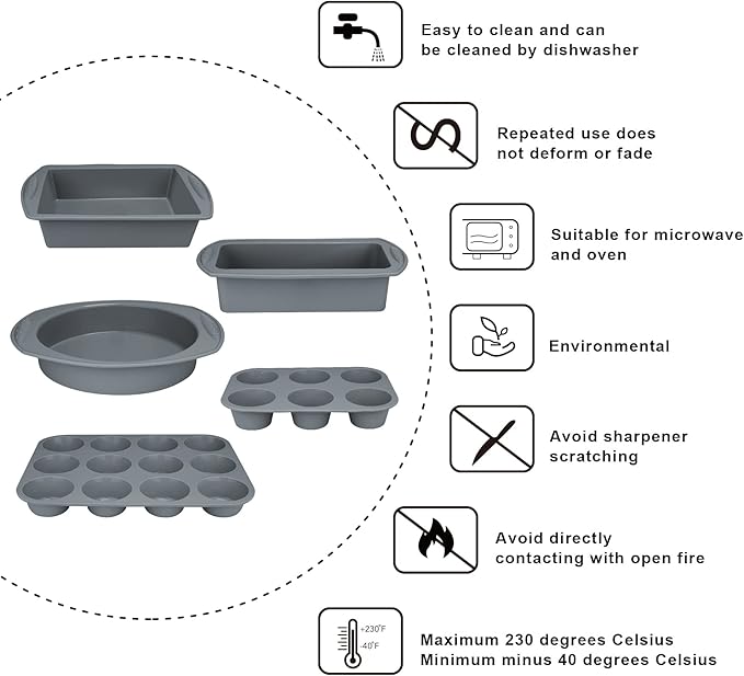 Economical 7in1 Nonstick Silicone Baking Cake Pan Cookie Sheet Molds Tray, Heat Resistant Bakeware Tools for Muffin Loaf Bread Pizza Cupcake