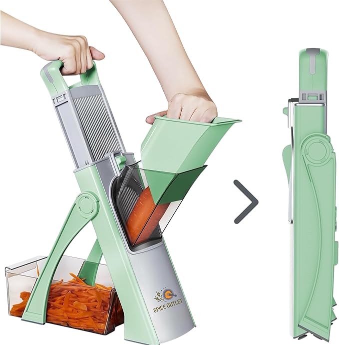 New Upgrade Safe Mandoline Slicer Plus, Biger Size, Adjustable Vegetable Food Chopper Potato Fries Cutter, Detachable Blade, Kitchen Chopping Artifact with Container. Green