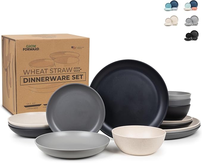 Grow Forward 16-piece Premium Wheat Straw Dinnerware Sets for 4 - Unbreakable Dishwasher and Microwave Safe Plastic Plates and Bowls Sets - Patio, Outdoors, RV, Camping Dishes - Moonlight