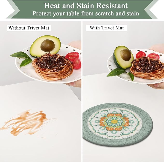 SHACOS Sage Green 8 Inches Trivets for Hot Dishes, 4 Pieces Cotton and Felt Floral Pattern Trivet Mats for Kitchen, Hot Pads for Countertops, Table, Heat-Resistant Pot Holders for Hot Pots and Pans