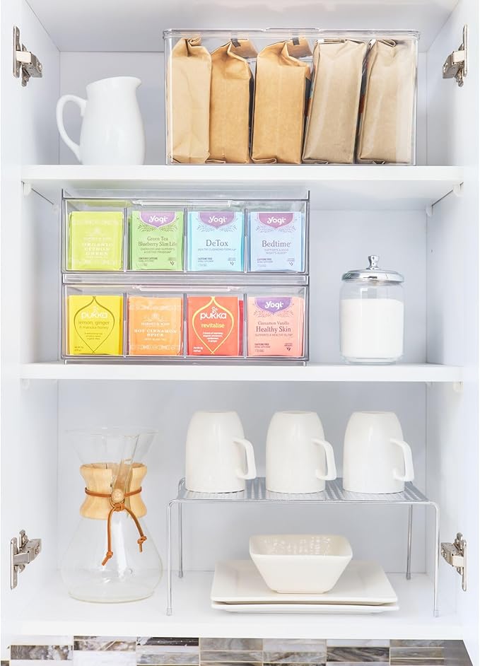 iDesign Tea Bag Organizer for Counter, 4-Section Clear Stackable Tea Storage Drawer for Cabinet