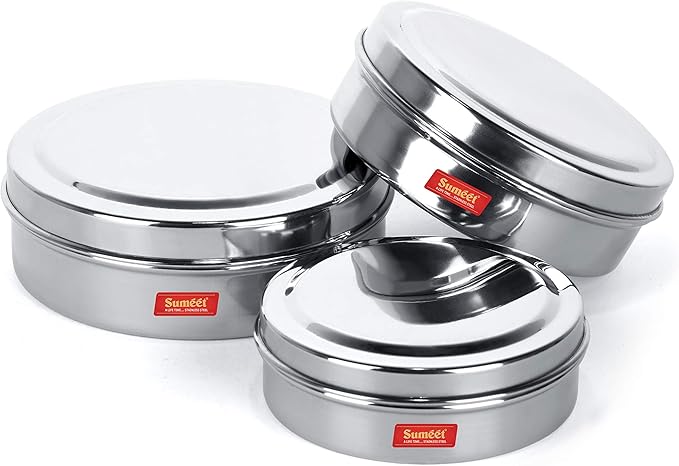 Sumeet Stainless Steel Chocolate Flat Slim N Sleek Canisters/Puri Dabba/Storage Containers Set of 3Pcs Med. Set (No.7-300ML, No.8-480ML, No.9-600ML)