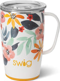Swig Life 18oz Travel Mug, Insulated Tumbler with Handle and Lid, Cup Holder Friendly, Dishwasher Safe, Stainless Steel, Travel Coffee Cup (Honey Meadow)