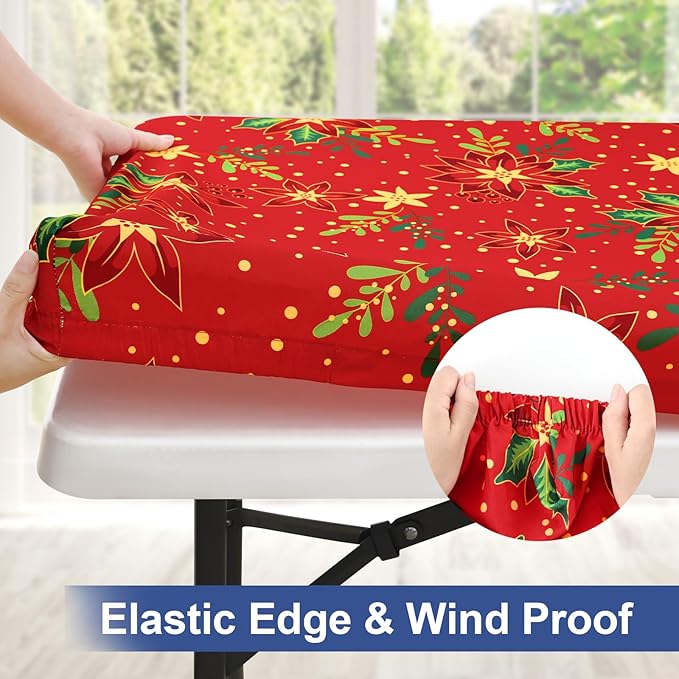 homing Rectangle Table Cloth Cover, Waterproof Polyester Elastic Fitted Tablecloth, Fits for 8 Foot Folding Tables, Washable Table Protector for Christmas, Holiday, Party (Flowers, 30" x 96")