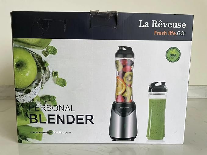 La Reveuse Smoothie Blender Personal Size 300 Watts with 2 Pieces 18 oz BPA-Free Travel Sports Bottles (Silver)