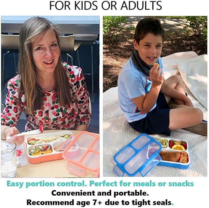 kinsho Bento Lunch Boxes for Adults or Kids | Large 3 Compartment Containers with Dividers for Meals and Snacks for School or Work Lunches, Women Men Includes Utensils | Coral Blue 2 pack