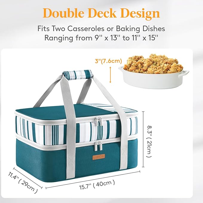 LUNCIA Double Decker Insulated Casserole Carrier for Hot or Cold Food, Lasagna Holder Tote for Potluck Parties/Picnic/Cookouts, Fits 9"x13" Baking Dish, Green