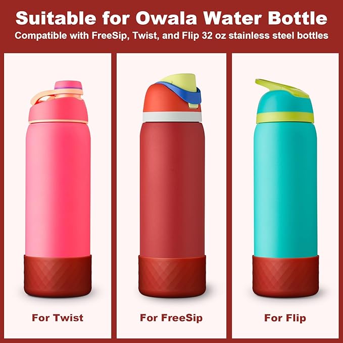 2PCS Silicone Water Bottle Boot for Owala 32oz, Protective Bottom Bumper Anti-Slip Sleeve for FreeSip, Twist, and Flip Stainless Steel Bottles, Dishwasher Safe and BPA Free(Dark Red)