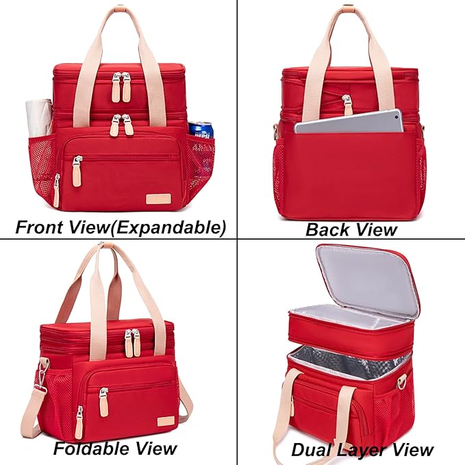 Weitars Lunch Bag for Women, Loncheras Para Mujer Waterproof Reusable Large Dual Compartment Lunch Box Wide-Open Cooler Tote Bag For Nurse Office Working Picnic Hiking (15L) (Red)