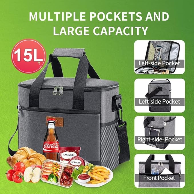 iknoe Large Cooler Bag Collapsible 24 Can Insulated Bags Leakproof Lunch Cooler Tote with Multi-Pockets for Adult Insulated Thermal Bag for Beach, Picnic, Office Work, Grey