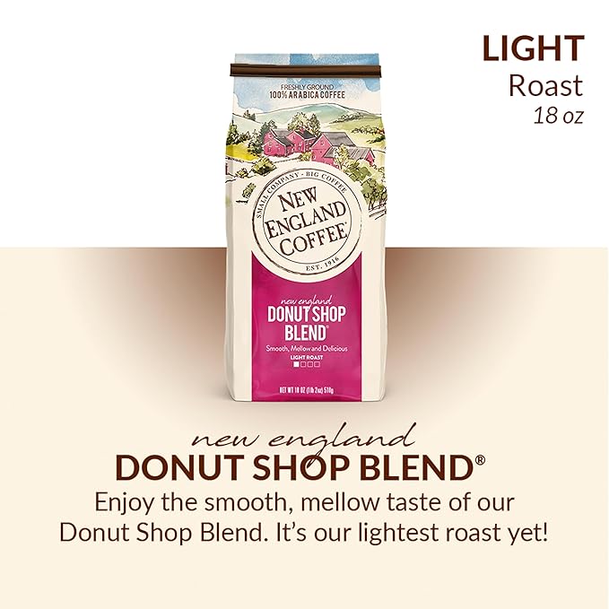 New England Coffee Donut Shop Blend Light Roast Ground Coffee, 18oz Bag (Pack of 1)