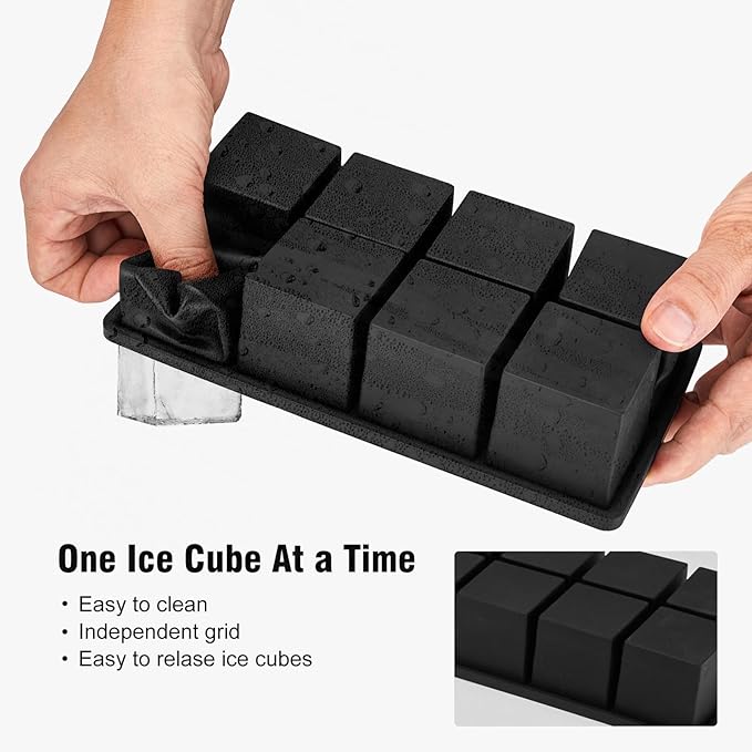 Samuelworld Large Silicone Ice Cube Tray Molds, Big 2 Inch Cubes - Food Grade, Flexible, 8 Cavity Easy Release Slow Melting Ice for Whiskey, Cocktails, Gifts & Christmas - Black (3 Pack)