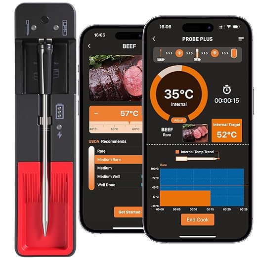 NiTsai Smart Wireless Meat Thermometer with Ultra Thin Probe, Remote Monitoring and Instant Read with APP, Bluetooth Food Thermometer for Oven, BBQ, Smoker, Grill, Air Fryer