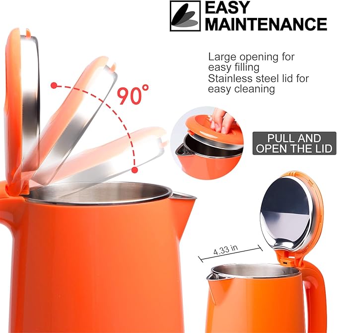 Secura Stainless Steel Double Wall Electric Kettle Water Heater for Tea Coffee w/Auto Shut-Off and Boil-Dry Protection, 1.0L (Orange) SWK-1001DO/HB-K012