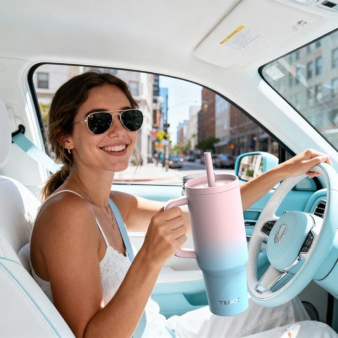 TILUCK 30 oz Tumbler with Handle, Vacuum Insulated Stainless Steel Travel Mug with 100% Leak-Proof Silicone Straw Lid, Cupholder Friendly Water Bottle(PinkBlueGradient, 30oz)