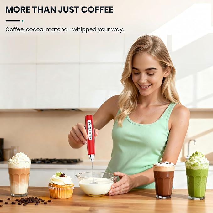 Milk Frother Handheld Rechargeable, Frother Wand Drink Mixer Electric Whisk for Coffee, Detachable With 3 Stainless Whisks, Hand Mixer for Lattes, Cappuccino, Matcha, Egg, No Stand, Red