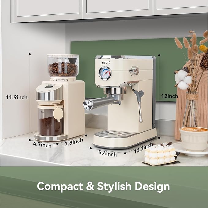 Gevi 20 Bar Espresso Coffee Machine with Burr Grinder Set | 35 Precise Grind Settings | Milk Frother for Latte Cappuccino | Professional Home Barista Kit | Gift for Coffee Lovers