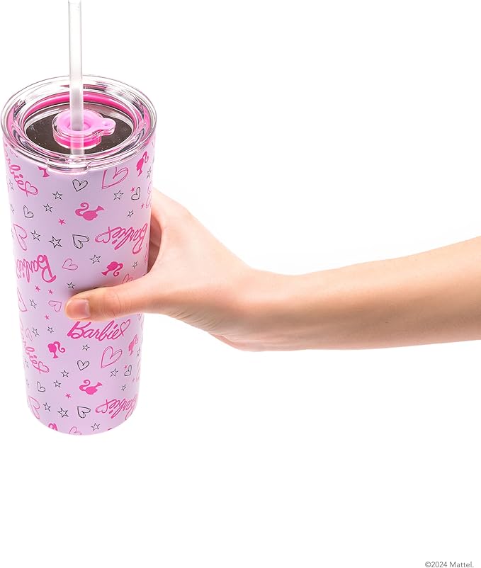 Dragon Glassware x Barbie Vacuum Insulated Tumbler with Lid and Straw - 24 oz Tumbler Cup with 2 Straws - Stainless Steel Tumbler with Straw for Water, Iced Tea - Travel Coffee Tumbler - Love Out Loud