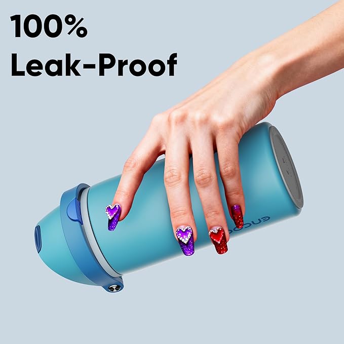 Insulated Water Bottle with Straw - Encool Stainless Steel Water Bottle with Push Button Lid, Leak-Proof & BPA-Free, Keeps Cold for 24 Hours for Sports, Travel, Gym (18 oz, Silk Blue)