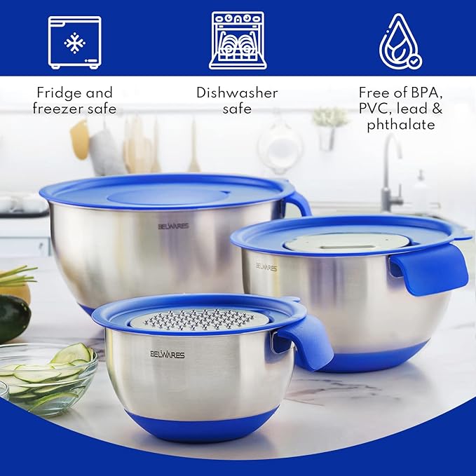 Belwares Mixing Bowls with Lids Set - Nesting Bowls with Graters, Handle, Pour Spout, Airtight Lids - Stainless Steel Non-Slip Mixing Bowl for Cooking, Baking, Prepping, Food Storage (Set of 3)